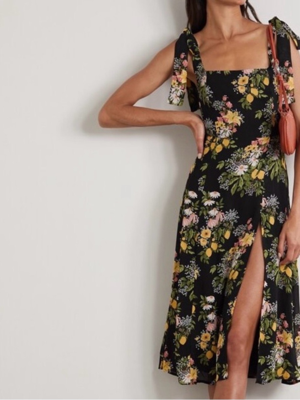 Reformation Black Floral Tie-Shoulder Midi Dress with Front Slit